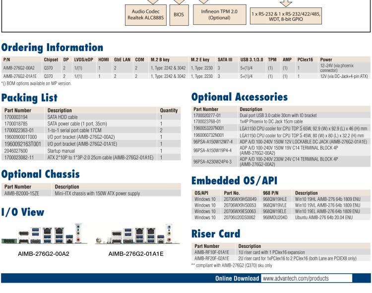 研華AIMB-276 適配Intel 第8/9代 Core?i7/i5/i3 處理器，搭載Q370芯片組。超高性能，是邊緣計算、AI視頻檢測等理想解決方案。