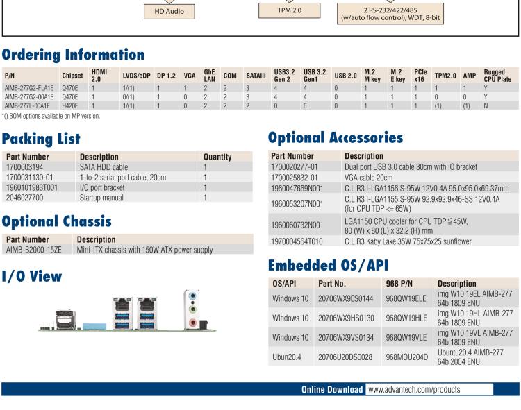 研華AIMB-277 適配Intel? 第10代 Core? i 系列處理器，搭載Q470E芯片組。性能強勁，適用于高端應用領(lǐng)域。
