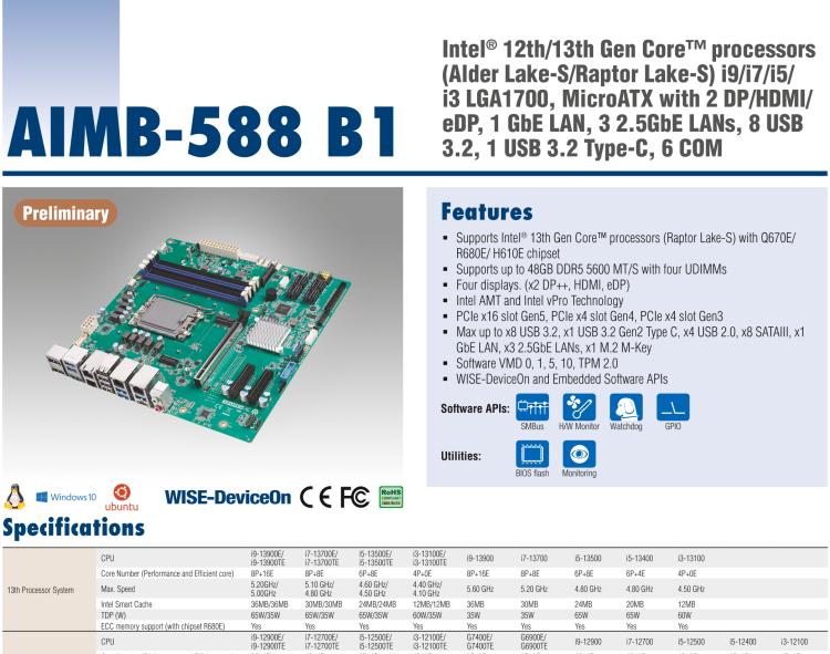 研華AIMB-588B1 適配Intel 第12/13代 Core i/奔騰系列處理器，搭載Q670E/R680E/H610E芯片組。性能可達服務器級別，獨立四顯，具備專業(yè)的圖像處理能力，是理想的行業(yè)解決方案。