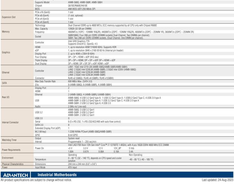 研華AIMB-588 適配Intel 第12代 Core i 系列處理器，搭載Q670E/ R680E/ H610E芯片組。高性能可達服務(wù)器級別高端產(chǎn)品，獨立四顯，專業(yè)的圖像處理能力，是理想的行業(yè)解決方案。