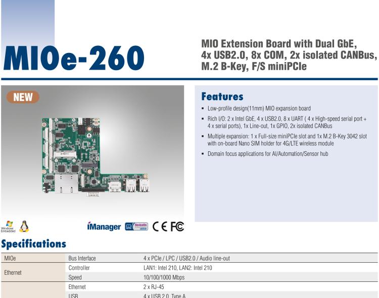研華MIOe-260 M.2 B-key，高速 miniPCIe，雙Intel LAN，4個USB2.0、8個COM