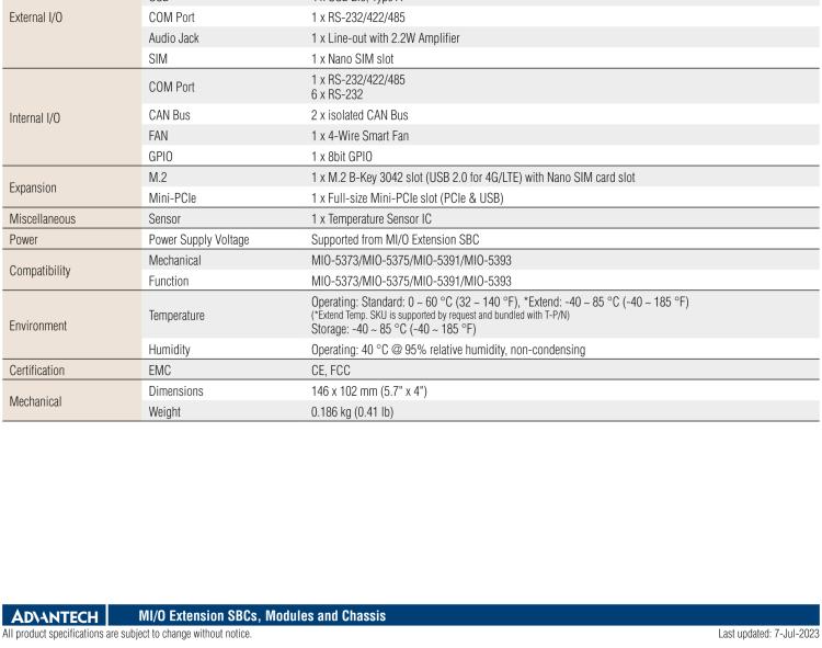 研華MIOe-260 M.2 B-key，高速 miniPCIe，雙Intel LAN，4個USB2.0、8個COM