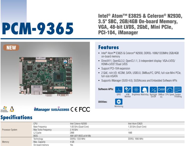 研華PCM-9365 第四代ATOM PCI-104 3.5寸主板, 搭載E3825，N2930 CPU，2GB/4GB內(nèi)存在板，VGA, 18/24-bit LVDS, 2GbE, Mini PCIe, PCI-104, iManager
