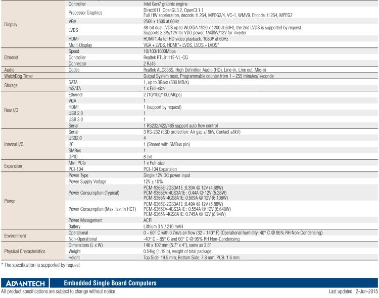 研華PCM-9365 第四代ATOM PCI-104 3.5寸主板, 搭載E3825，N2930 CPU，2GB/4GB內(nèi)存在板，VGA, 18/24-bit LVDS, 2GbE, Mini PCIe, PCI-104, iManager