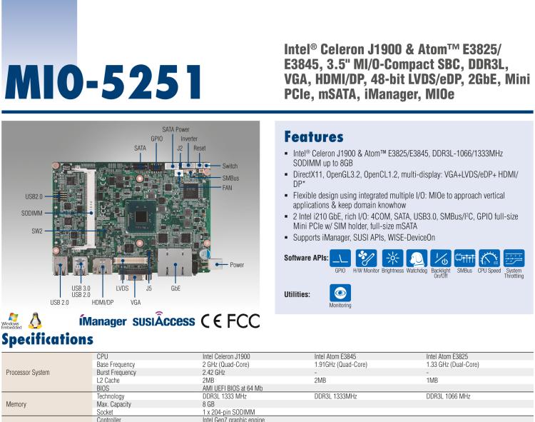 研華MIO-5251 3.5寸MIO單板電腦，采用嵌入式 Intel? Atom? E3825 &Intel? J1900處理器