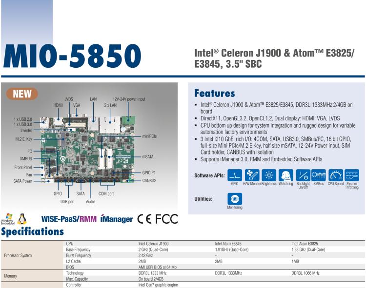 研華MIO-5850 Intel賽揚J1900和Atom?E3825 / E3845,3.5“MI / O-Compact SBC，板載DDR3L，3GbE，iManager 3.0,16位GPIO，CANBUS，板載eMMC，12V / 24V電源輸入