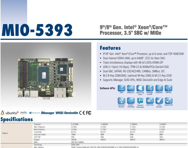 研華MIO-5393 第九代Intel 高性能筆記本CPU 3.5寸小尺寸嵌入式單板，性能提升25%，TDP 45W/25W，支持DDR4 64GB內存，2LAN, 4USB 3.1，M.2 2280 Key支持NVMe，-40-85℃寬溫