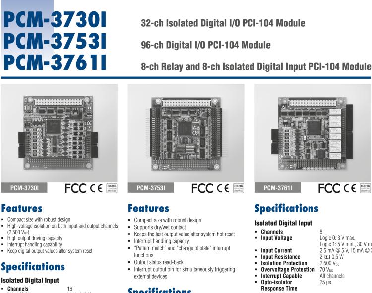 研華PCM-3730I PCI-104，2通,32通道隔離數字輸入/輸出卡