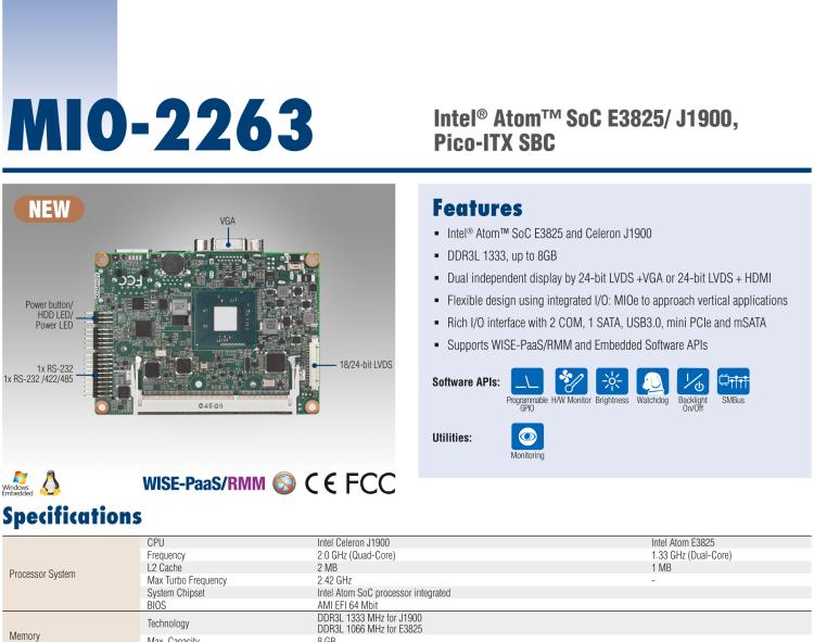 研華MIO-2263 2.5寸Pico-ITX主板，搭載Intel? Atom? SoC E3825/ J1900處理器的2.5寸Pico-ITX單板電腦，采用DDR3L內存，支持24-bit LVDS + VGA/HDMI獨立雙顯，帶有豐富I/O接口：1個GbE、半長Mini PCIe、4個USB、2個COM、SMBus、mSATA & MIOe