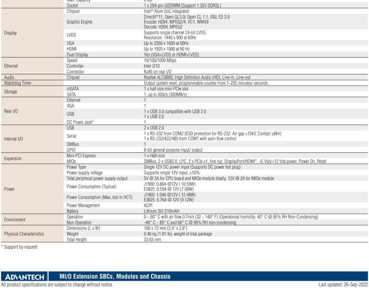 研華MIO-2263 2.5寸Pico-ITX主板，搭載Intel? Atom? SoC E3825/ J1900處理器的2.5寸Pico-ITX單板電腦，采用DDR3L內存，支持24-bit LVDS + VGA/HDMI獨立雙顯，帶有豐富I/O接口：1個GbE、半長Mini PCIe、4個USB、2個COM、SMBus、mSATA & MIOe