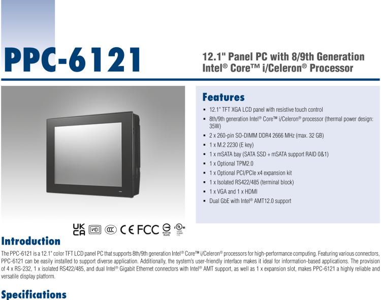 研華PPC-6121 12.1" 工業平板電腦, 搭載 Intel? 第8代 Core? i/Celeron? 處理器