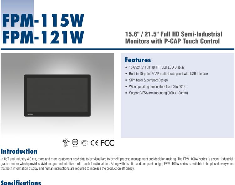 研華FPM-121W 21.5" Full HD工業顯示器P-CAP觸控