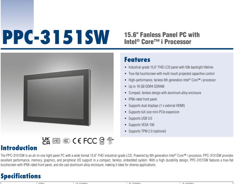 研華PPC-3151SW 15.6" 無風扇工業平板電腦, 搭載 Intel? 第六代 Core? i 處理器