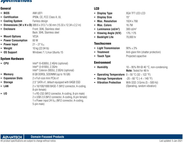 研華SPC-515 具有不銹鋼外殼和IP69K防護等級的15英寸XGA TFT LED LCD多點觸摸工業平板電腦