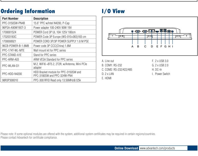研華PPC-3150SW 15.6" 寬屏無(wú)風(fēng)扇工業(yè)平板電腦，搭載 Intel? Pentium? N4200 四核心處理器