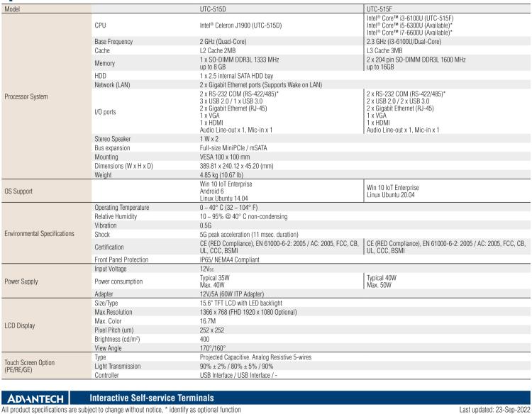 研華UTC-515F 15.6" 多功能觸控一體機(jī)，內(nèi)置Intel? Skylake Core? i3-6100U處理器