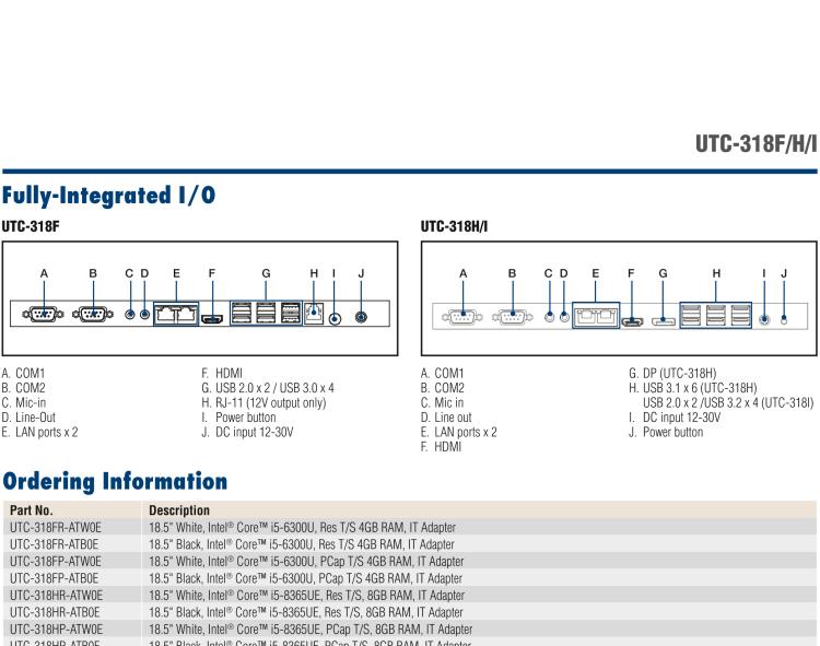 研華UTC-318H 18.5" 多功能觸控一體機(jī)，內(nèi)置 Intel? Core? i5-8365UE / Core? i3-8145UE