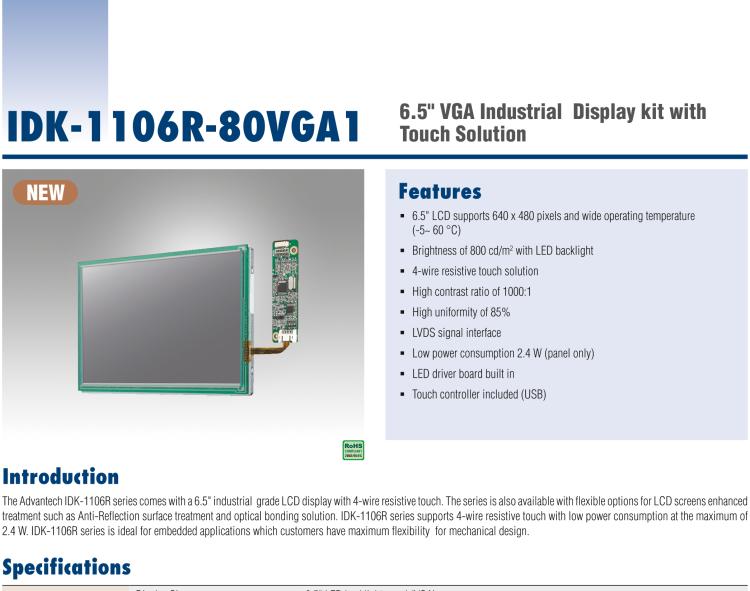 研華IDK-1106 6.5" VGA 640x480 800nit LVDS LCD，帶 4W RES. T/S 套件