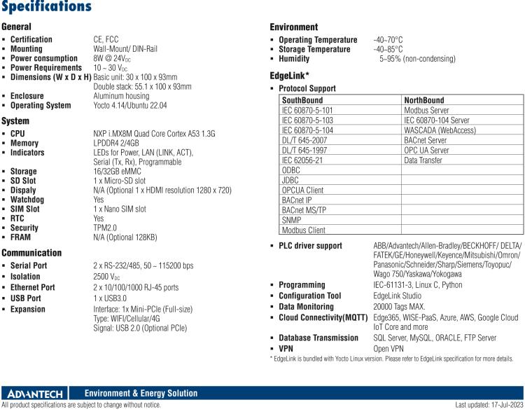 研華ECU-150 NXP i.MX8M 四核 A53高性能5G網關 2 x LAN, 2 x COM, 1 x USB
