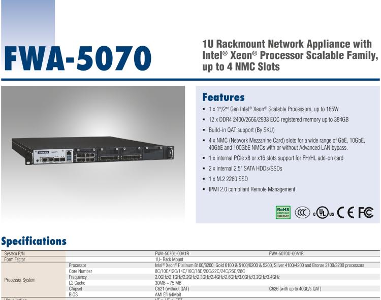 研華FWA-5070 基于Intel?Xeon?處理器可擴(kuò)展系列1U機(jī)架式網(wǎng)絡(luò)應(yīng)用平臺，最高支持4個NMC插槽