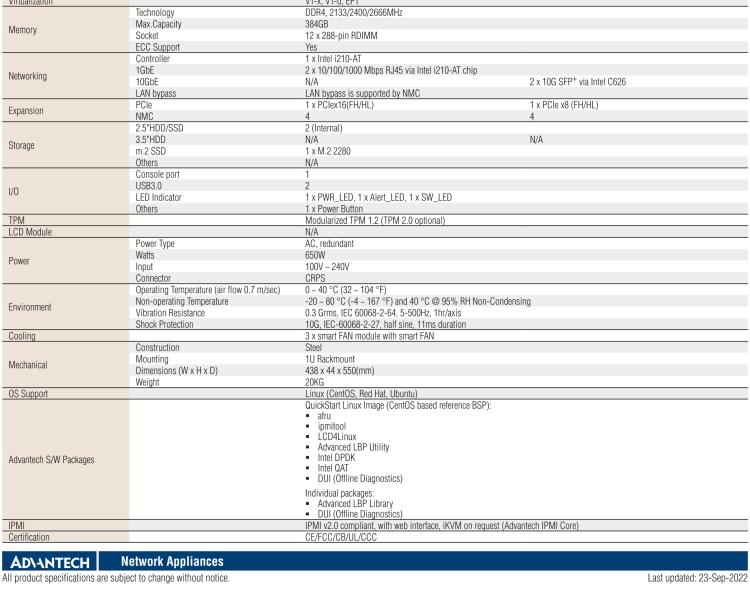 研華FWA-5070 基于Intel?Xeon?處理器可擴(kuò)展系列1U機(jī)架式網(wǎng)絡(luò)應(yīng)用平臺，最高支持4個NMC插槽