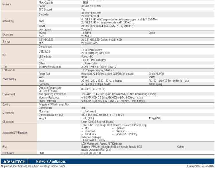 研華FWA-3260 基于Intel? Broadwell XeonTM D-1500系列處理器 1U機架式網絡應用平臺