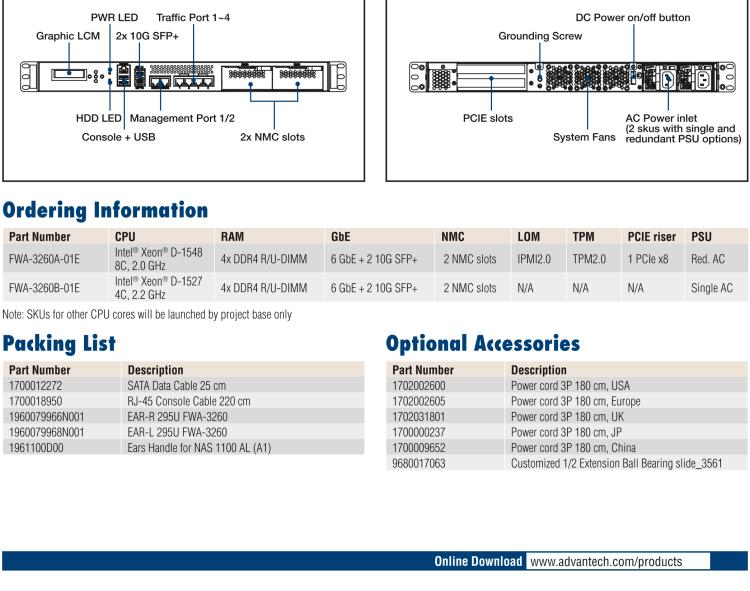 研華FWA-3260 基于Intel? Broadwell XeonTM D-1500系列處理器 1U機架式網絡應用平臺
