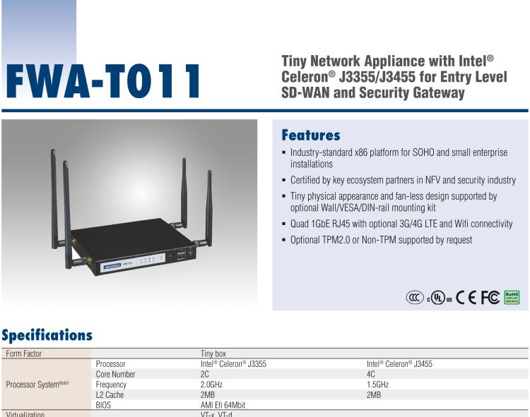 研華FWA-T011 基于Intel? Celeron? N3350/J3455 入門(mén)級(jí)SD-WAN，安全網(wǎng)關(guān)微型網(wǎng)絡(luò)應(yīng)用平臺(tái)