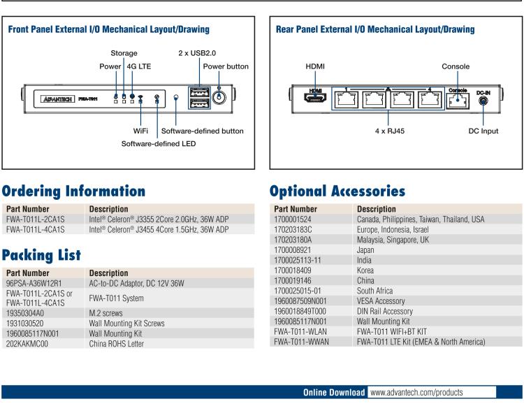 研華FWA-T011 基于Intel? Celeron? N3350/J3455 入門(mén)級(jí)SD-WAN，安全網(wǎng)關(guān)微型網(wǎng)絡(luò)應(yīng)用平臺(tái)