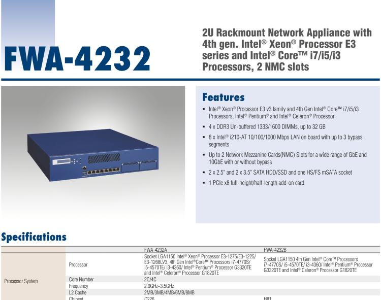 研華FWA-4232 基于Intel? Haswell XeonTM E3/CoreTM/ PentiumTM/CeleronTM系列處理器 2U機架式網絡應用平臺