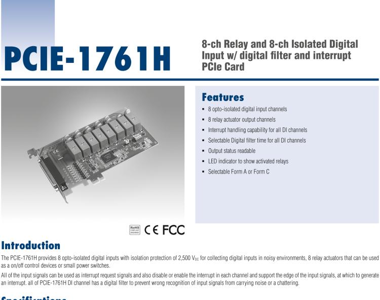 研華PCIE-1761H 8通道繼電器和8通道隔離式數字輸入，帶數字濾波器和中斷PCIe卡