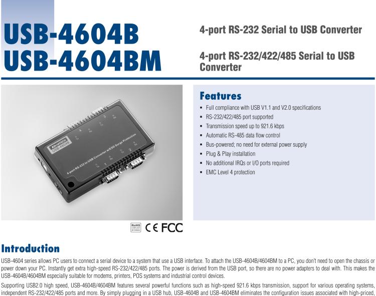 研華USB-4604BM USB轉4端口RS-232/422/485 轉換器，帶浪涌保護