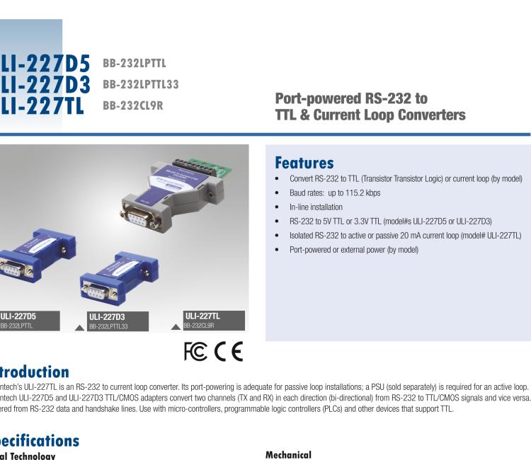 研華BB-232LPTTL33 ULI-227D3 RS-232（DB9母頭）至3.3V TTL（DB9公頭）轉換器，端口供電