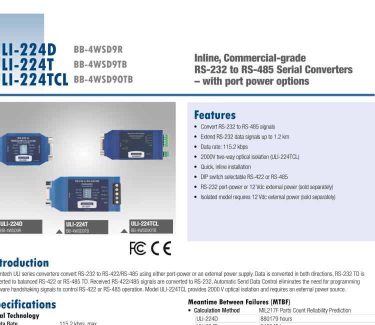 研華BB-485BAT3 ULI-224TB RS-232（DB9母頭至RS-422/485（接線端子）轉換器，電池供電