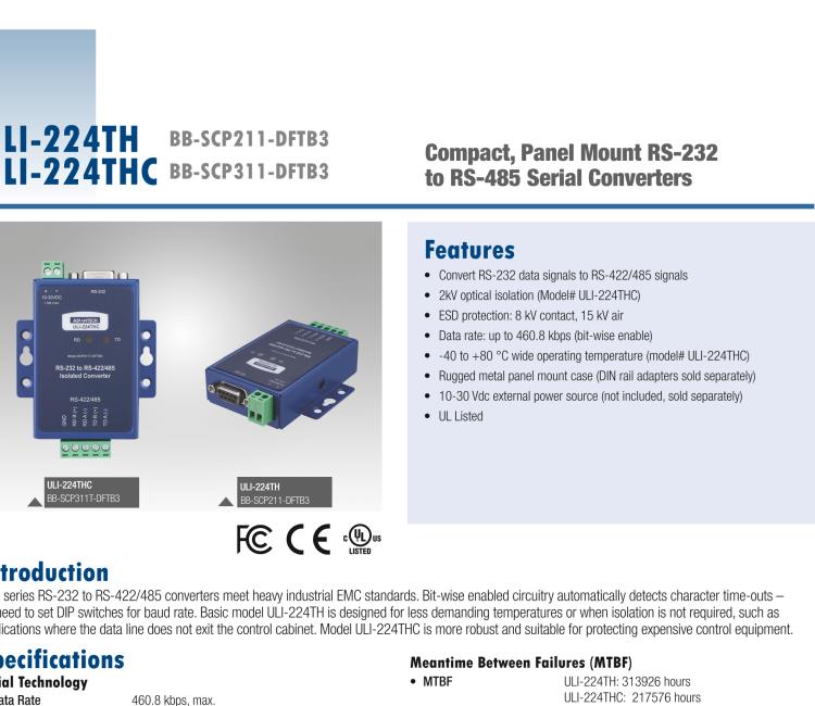 研華BB-485BAT3 ULI-224TB RS-232（DB9母頭至RS-422/485（接線端子）轉換器，電池供電