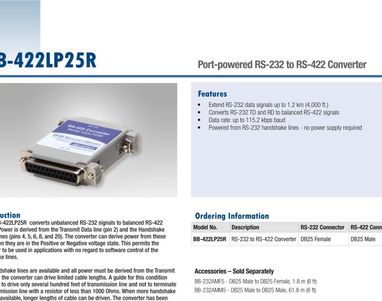 研華BB-422LP25R 串口轉換器，RS-232 DB-25 F至RS-422 DB25 M，端口供電